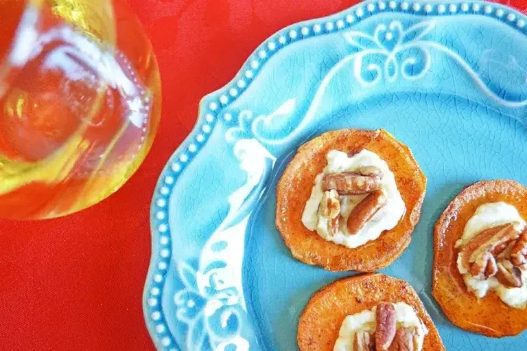Sweet Potato Bites with Goat Cheese, Maple, and Pecan