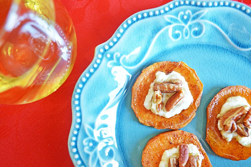 Sweet Potato Bites with Goat Cheese, Maple, and Pecan