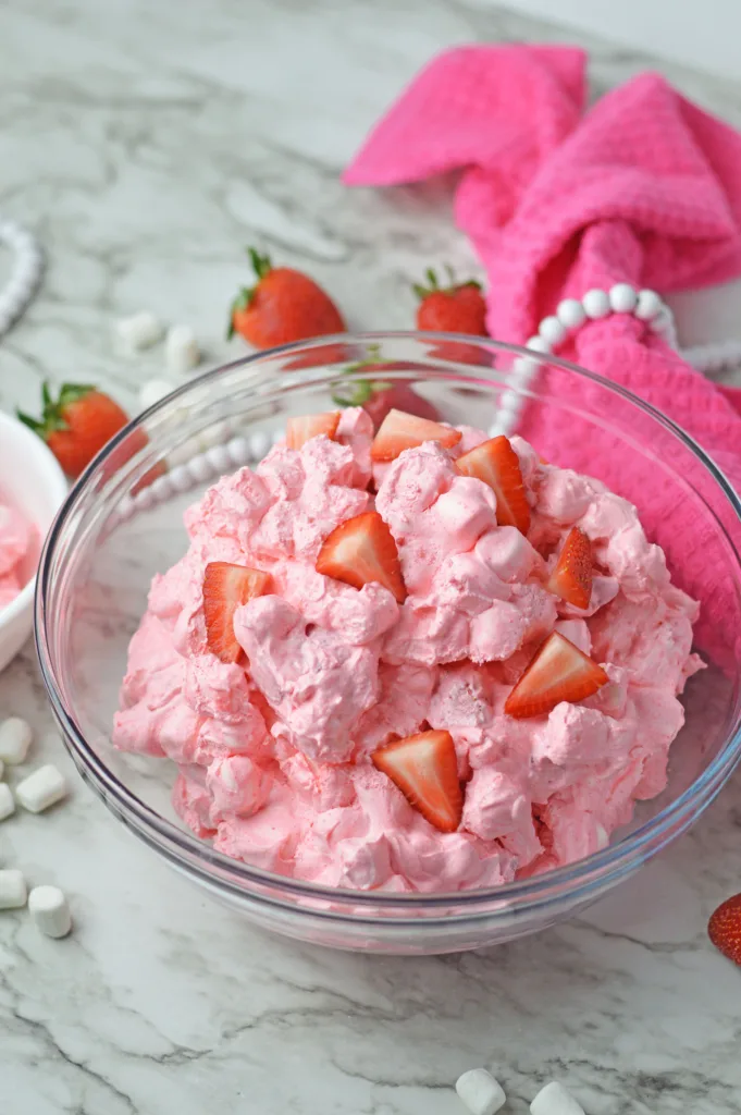 strawberry fluff in a clear bowl