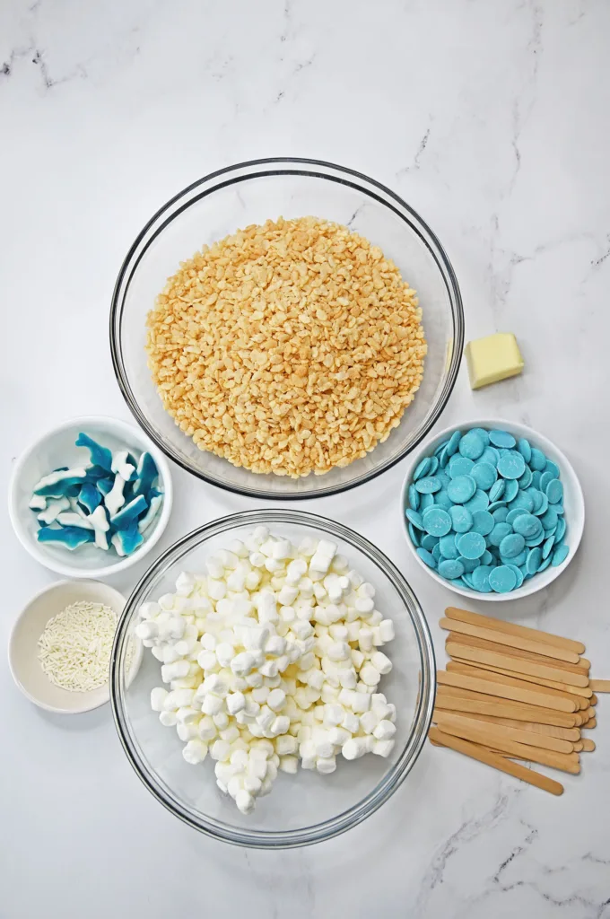 Shark Rice Krispie Treats ingredients separated on a table