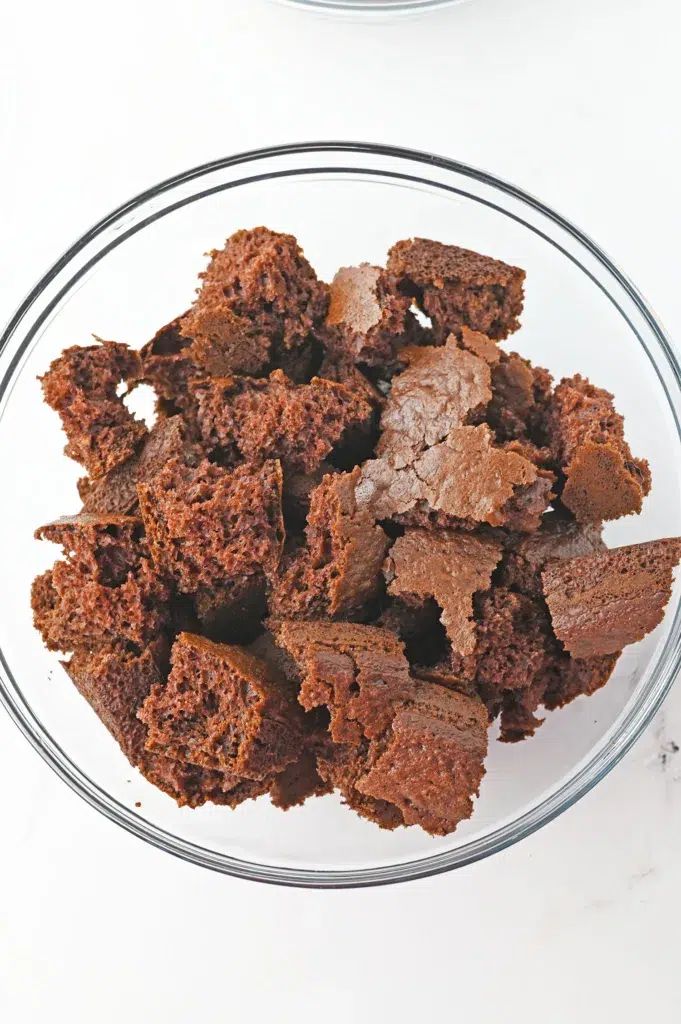 chunks of chocolate cake in a bowl